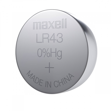 Set 2 baterii alcaline Maxell LR43 / AG12 (186), 1.5V, diametru 11.6mm, grosime 4.2mm, medium drain, in blister [1]