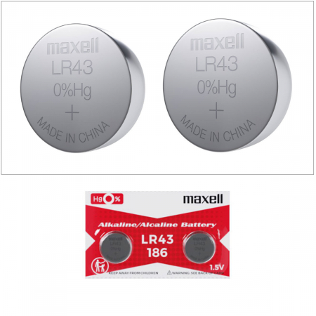 Set 2 baterii alcaline Maxell LR43 / AG12 (186), 1.5V, diametru 11.6mm, grosime 4.2mm, medium drain, in blister [2]