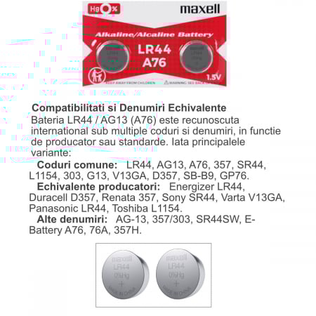 Set 2 baterii alcaline Maxell LR44 / AG13 (A76), 1.5V, diametru 11.6mm, grosime 5.4mm, low drain, in blister [3]