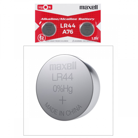 Set 2 baterii alcaline Maxell LR44 / AG13 (A76), 1.5V, diametru 11.6mm, grosime 5.4mm, low drain, in blister [4]