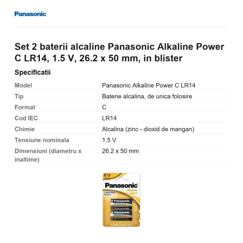 Set 2 baterii alcaline Panasonic Alkaline Power C LR14, 1.5 V, 26.2 x 50 mm, in blister [2]