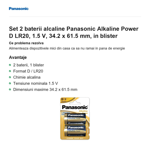 Set 2 baterii alcaline Panasonic Alkaline Power D LR20, 1.5 V, 34.2 x 61.5 mm, in blister [1]