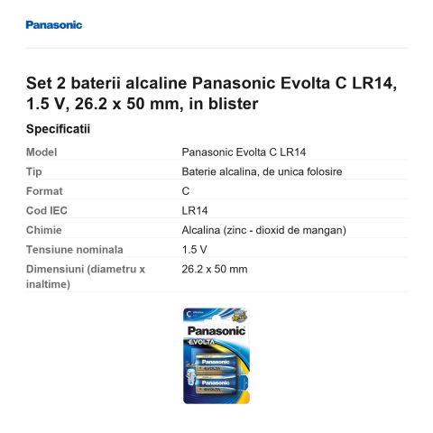 Set 2 baterii alcaline Panasonic Evolta C LR14, 1.5 V, 26.2 x 50 mm, in blister [2]