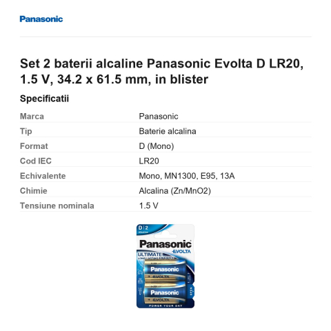 Set 2 baterii alcaline Panasonic Evolta D LR20, 1.5 V, 34.2 x 61.5 mm, in blister [2]