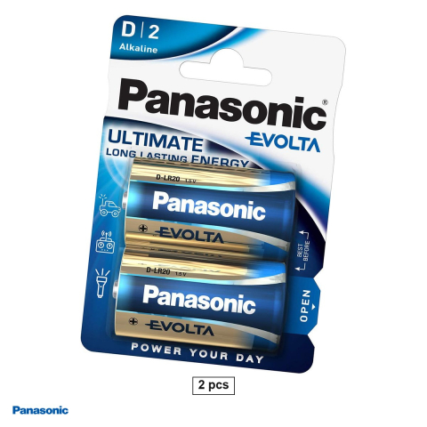 Energy - Set 2 baterii alcaline Panasonic Evolta D LR20, 1.5 V, 34.2 x 61.5 mm, in blister