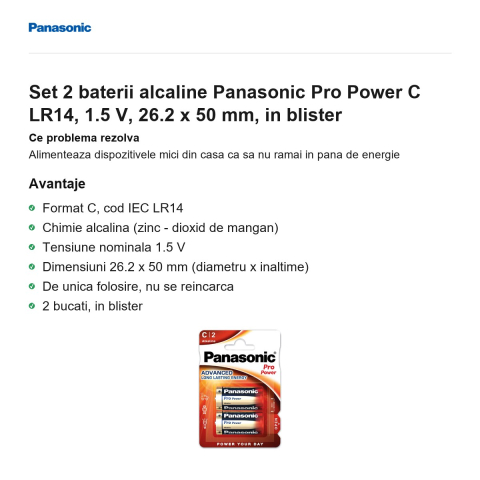 Set 2 baterii alcaline Panasonic Pro Power C LR14, 1.5 V, 26.2 x 50 mm, in blister [1]