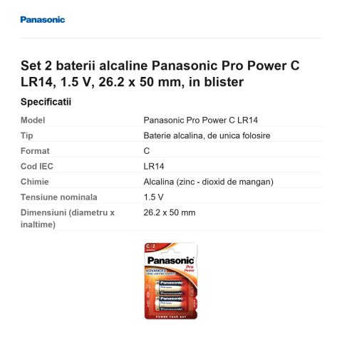 Set 2 baterii alcaline Panasonic Pro Power C LR14, 1.5 V, 26.2 x 50 mm, in blister [2]