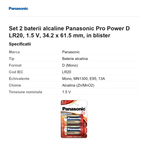 Set 2 baterii alcaline Panasonic Pro Power D LR20, 1.5 V, 34.2 x 61.5 mm, in blister [2]