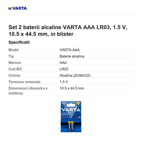 Set 2 baterii alcaline VARTA AAA LR03, 1.5 V, 10.5 x 44.5 mm, in blister [2]