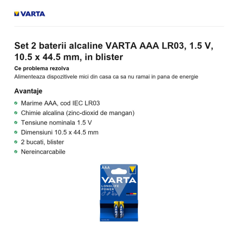 Set 2 baterii alcaline VARTA AAA LR03, 1.5 V, 10.5 x 44.5 mm, in blister [1]