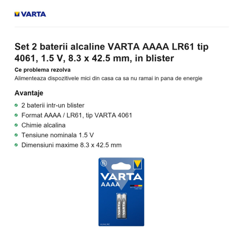 Set 2 baterii alcaline VARTA AAAA LR61 tip 4061, 1.5 V, 8.3 x 42.5 mm, in blister [1]