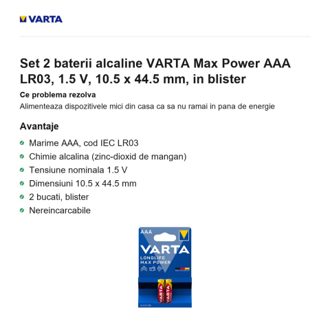 Set 2 baterii alcaline VARTA Max Power AAA LR03, 1.5 V, 10.5 x 44.5 mm, in blister [1]