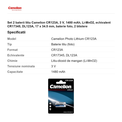 Set 2 baterii litiu Camelion CR123A, 3 V, 1480 mAh, Li-MnO2, echivalent CR17345, DL123A, 17 x 34.5 mm, baterie foto, 2 blistere [2]