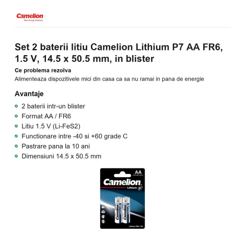 Set 2 baterii litiu Camelion Lithium P7 AA FR6, 1.5 V, 14.5 x 50.5 mm, in blister [1]