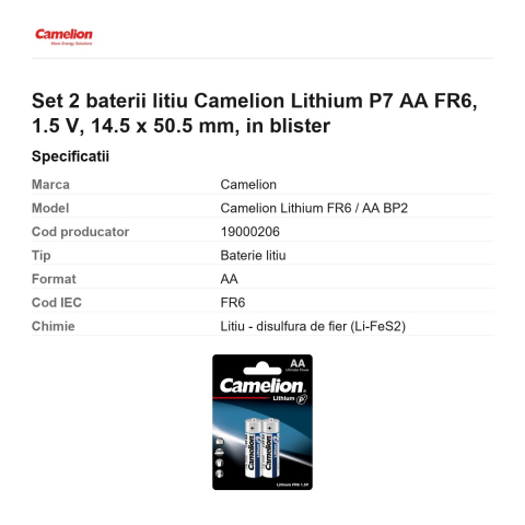 Set 2 baterii litiu Camelion Lithium P7 AA FR6, 1.5 V, 14.5 x 50.5 mm, in blister [2]