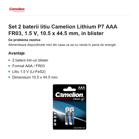 Set 2 baterii litiu Camelion Lithium P7 AAA FR03, 1.5 V, 10.5 x 44.5 mm, in blister [1]