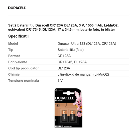 Set 2 baterii litiu Duracell CR123A DL123A, 3 V, 1550 mAh, Li-MnO2, echivalent CR17345, DL123A, 17 x 34.5 mm, baterie foto, in blister [2]