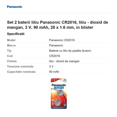 Set 2 baterii litiu Panasonic CR2016, litiu - dioxid de mangan, 3 V, 90 mAh, 20 x 1.6 mm, in blister [2]