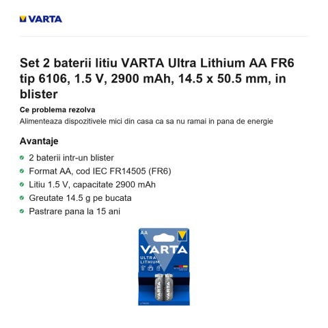 Set 2 baterii litiu VARTA Ultra Lithium AA FR6 tip 6106, 1.5 V, 2900 mAh, 14.5 x 50.5 mm, in blister [1]