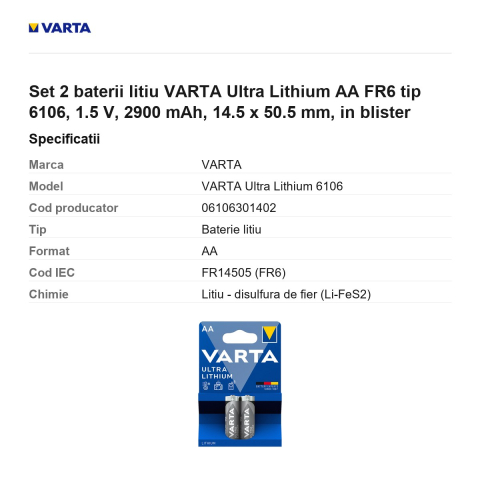Set 2 baterii litiu VARTA Ultra Lithium AA FR6 tip 6106, 1.5 V, 2900 mAh, 14.5 x 50.5 mm, in blister [2]