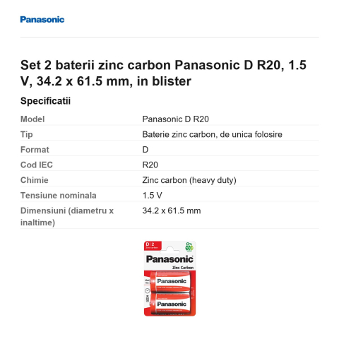 Set 2 baterii zinc carbon Panasonic D R20, 1.5 V, 34.2 x 61.5 mm, in blister [2]