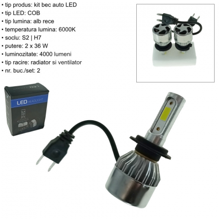 Set 2 becuri auto LED, BA-S2-6000-2, S2, H7, 6000K, 36W, COB [6]