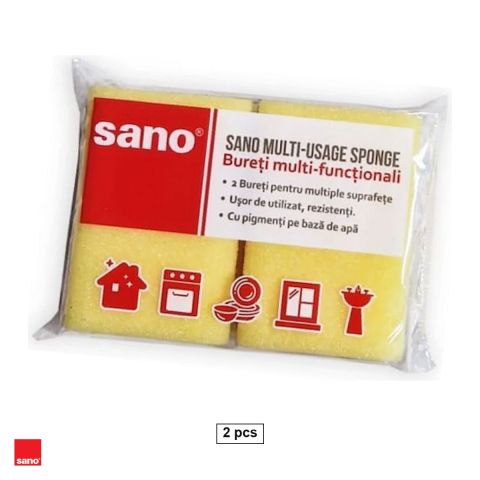 Menaj - Set 2 bureti de vase canelati Sano cu 2 fete, abraziva si pentru spumare, curata fara a zgaria, din poliester, 9.5x6.6x2.7 cm, verde cu galben