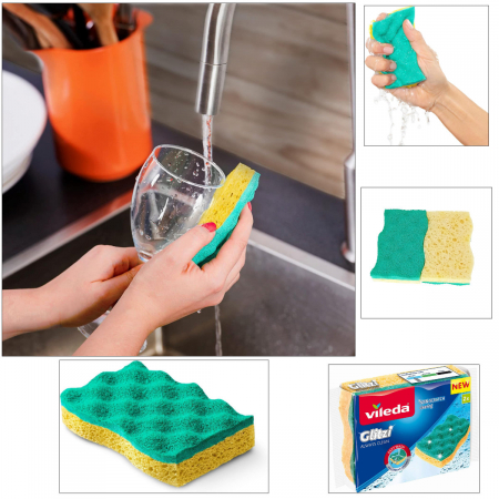 Set 2 bureti Vileda Glitzi Always Clean, cu suprafata abraziva si absorbanta, galben cu verde [3]