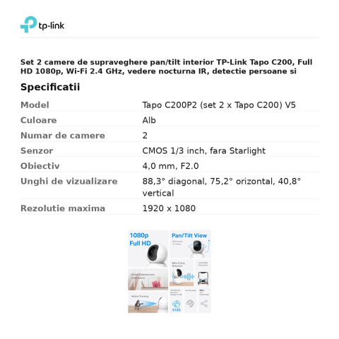 Set 2 camere de supraveghere pan/tilt interior TP-Link Tapo C200, Full HD 1080p, Wi-Fi 2.4 GHz, vedere nocturna IR, detectie persoane si plans de bebelus, alb, C200P2 [2]