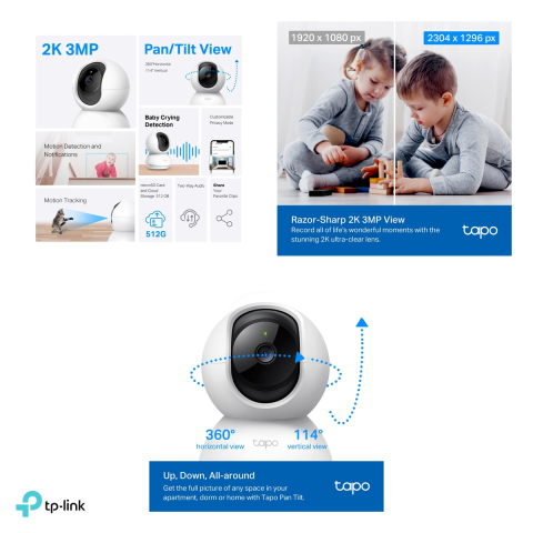 Set 2 camere de supraveghere pan/tilt interior TP-Link Tapo C210, 2K 3MP, Wi-Fi 2.4 GHz, vedere nocturna IR 9 m, detectie persoane si plans de bebelus, alb, C210P2 [3]