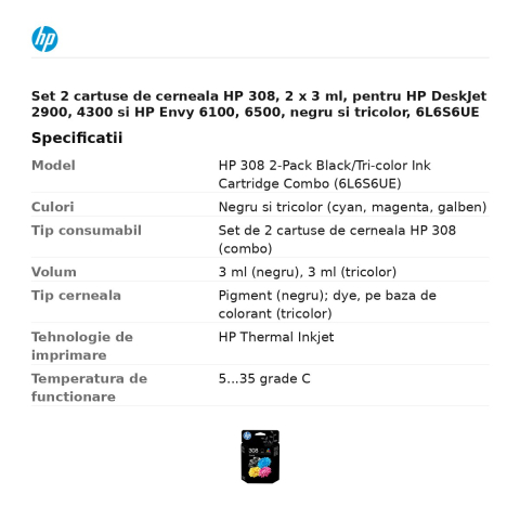 Set 2 cartuse de cerneala HP 308, 2 x 3 ml, pentru HP DeskJet 2900, 4300 si HP Envy 6100, 6500, negru si tricolor, 6L6S6UE [2]