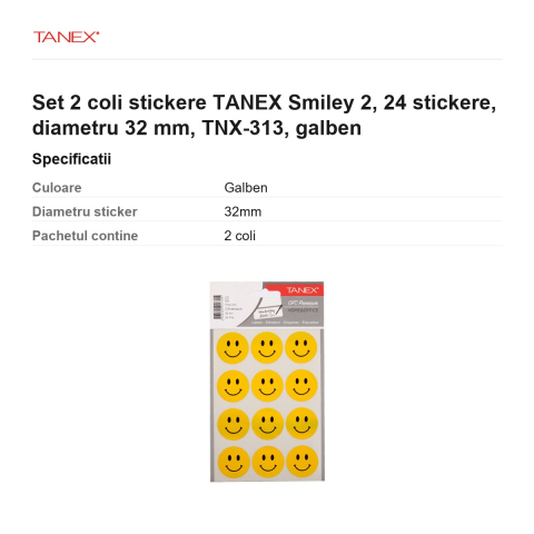 Set 2 coli stickere TANEX Smiley 2, 24 stickere, diametru 32 mm, TNX-313, galben [2]