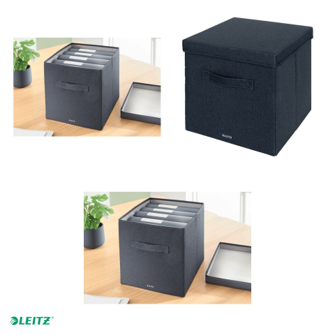 Set 2 cutii depozitare Leitz, material textil, pliabila, cu capac si maner, 33x32x38 cm, gri-carbune, pentru transport, antracit [3]