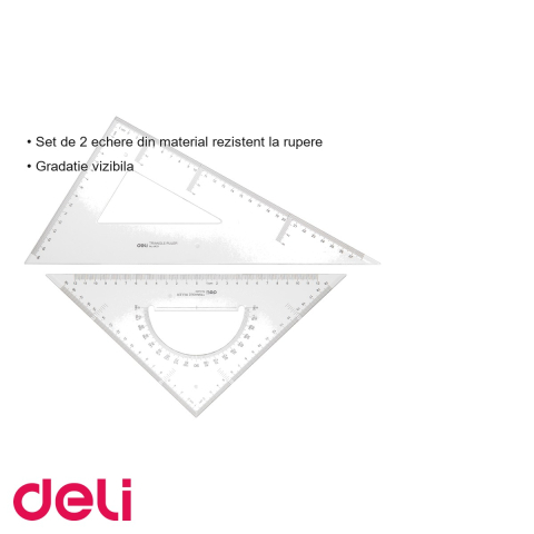 Set 2 echere transparente Deli, 28 cm, material rezistent, pentru scoala si desen tehnic [2]