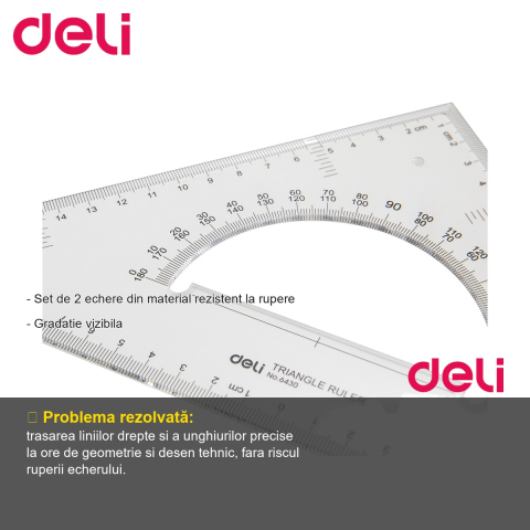 Set 2 echere transparente Deli, 28 cm, material rezistent, pentru scoala si desen tehnic [1]