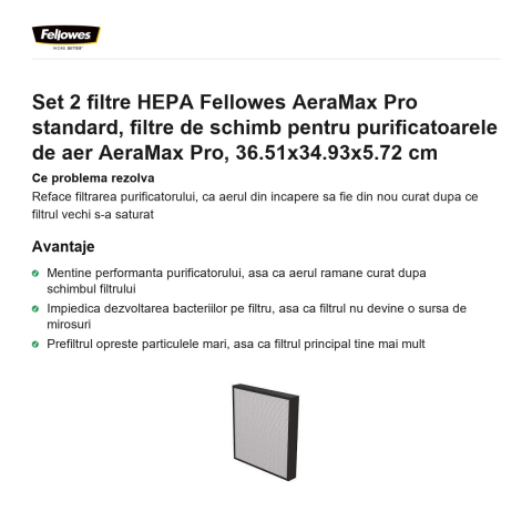 Set 2 filtre HEPA Fellowes AeraMax Pro standard, filtre de schimb pentru purificatoarele de aer AeraMax Pro, 36.51x34.93x5.72 cm [1]