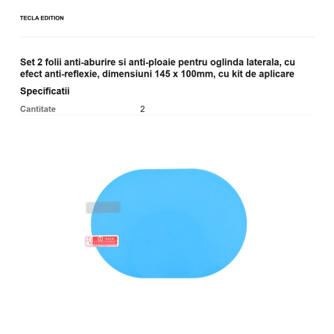 Set 2 folii anti-aburire si anti-ploaie pentru oglinda laterala, cu efect anti-reflexie, dimensiuni 145 x 100mm, cu kit de aplicare [2]