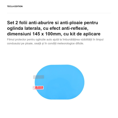 Set 2 folii anti-aburire si anti-ploaie pentru oglinda laterala, cu efect anti-reflexie, dimensiuni 145 x 100mm, cu kit de aplicare [1]