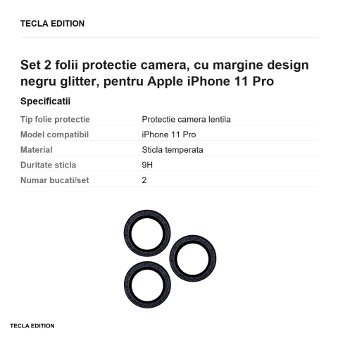 Set 2 folii protectie camera, cu margine design negru glitter, pentru Apple iPhone 11 Pro [2]