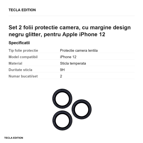 Set 2 folii protectie camera, cu margine design negru glitter, pentru Apple iPhone 12 [2]