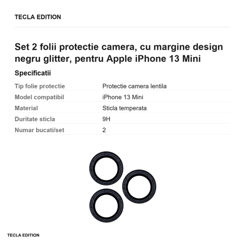 Set 2 folii protectie camera, cu margine design negru glitter, pentru Apple iPhone 13 Mini [2]
