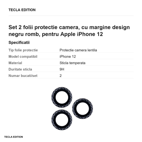 Set 2 folii protectie camera, cu margine design negru romb, pentru Apple iPhone 12 [2]