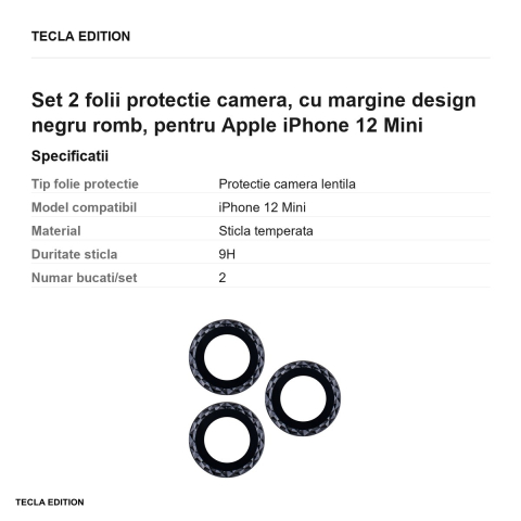 Set 2 folii protectie camera, cu margine design negru romb, pentru Apple iPhone 12 Mini [2]