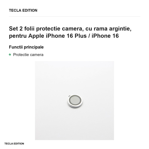 Set 2 folii protectie camera, cu rama argintie, pentru Apple iPhone 16 Plus / iPhone 16 [1]