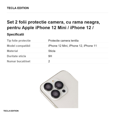 Set 2 folii protectie camera, cu rama neagra, pentru Apple iPhone 12 Mini / iPhone 12 / iPhone 11 [2]