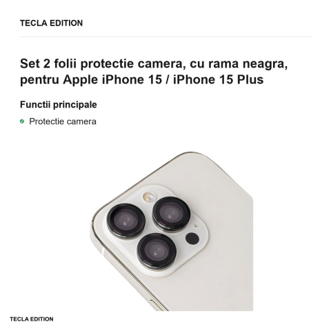 Set 2 folii protectie camera, cu rama neagra, pentru Apple iPhone 15 / iPhone 15 Plus [1]