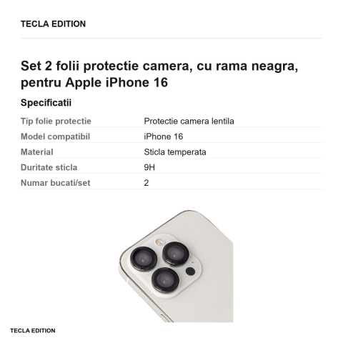 Set 2 folii protectie camera, cu rama neagra, pentru Apple iPhone 16 [2]