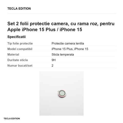 Set 2 folii protectie camera, cu rama roz, pentru Apple iPhone 15 Plus / iPhone 15 [2]