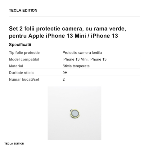 Set 2 folii protectie camera, cu rama verde, pentru Apple iPhone 13 Mini / iPhone 13 [2]