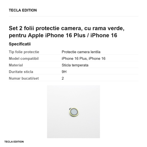 Set 2 folii protectie camera, cu rama verde, pentru Apple iPhone 16 Plus / iPhone 16 [2]